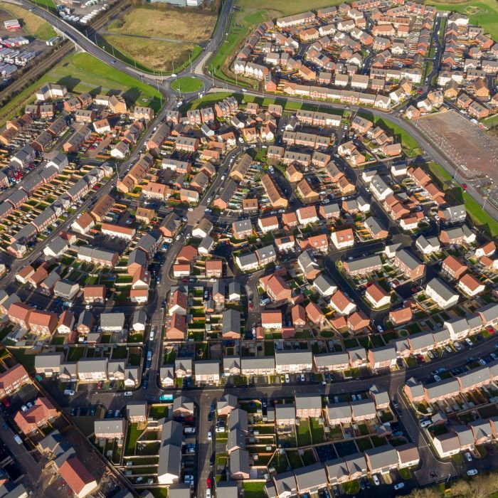 Aerial view of new houses in Bridgwater, Somerset, UK